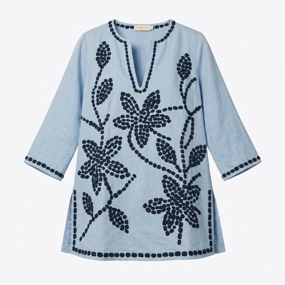 Tory Burch Womens Light Blue Linen Floral Embroidered Tunic Dress Boho XS NWT
